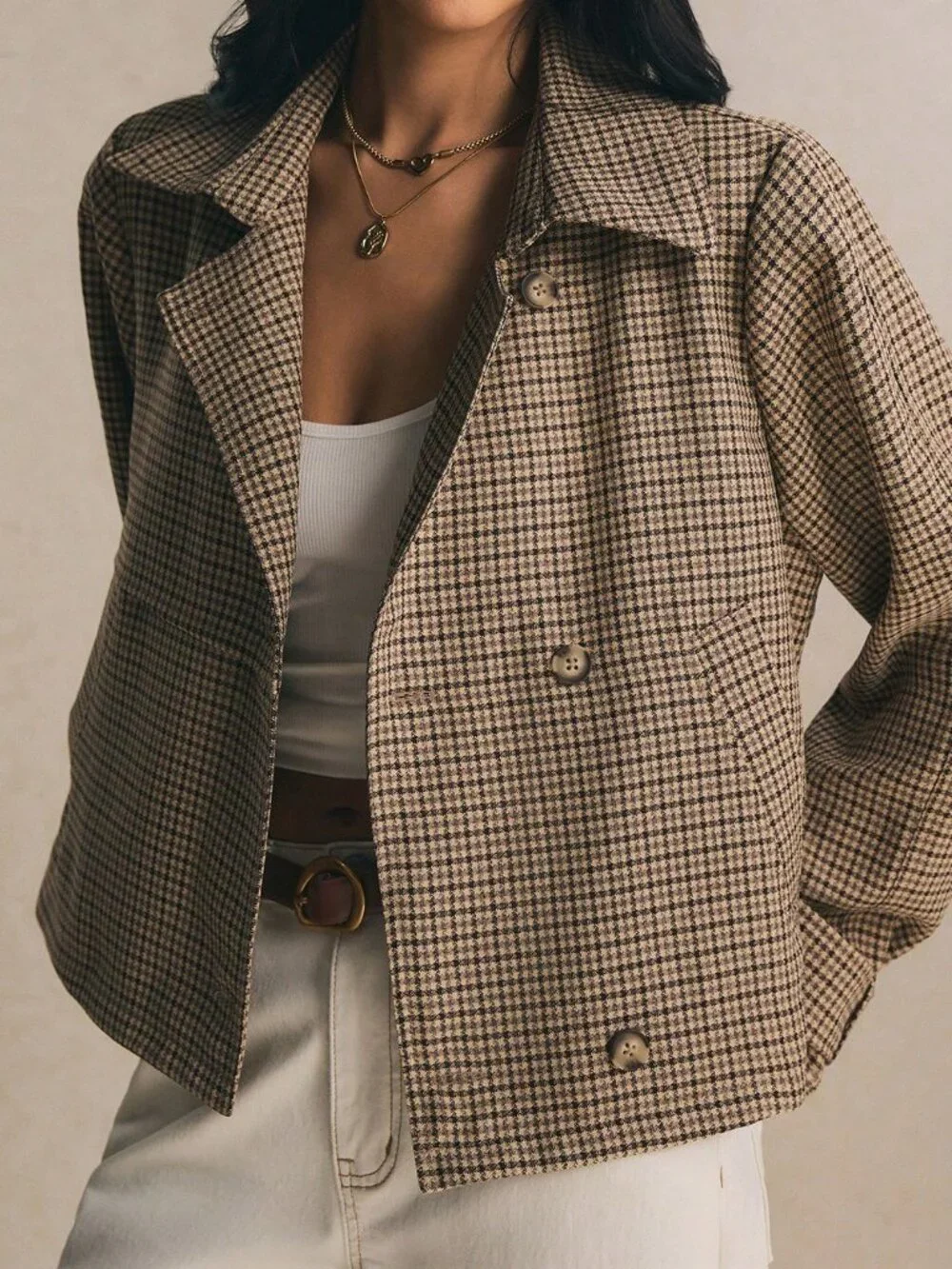 Coffee Brown Casual Women's French Plaid Elegant Short Trench Coat